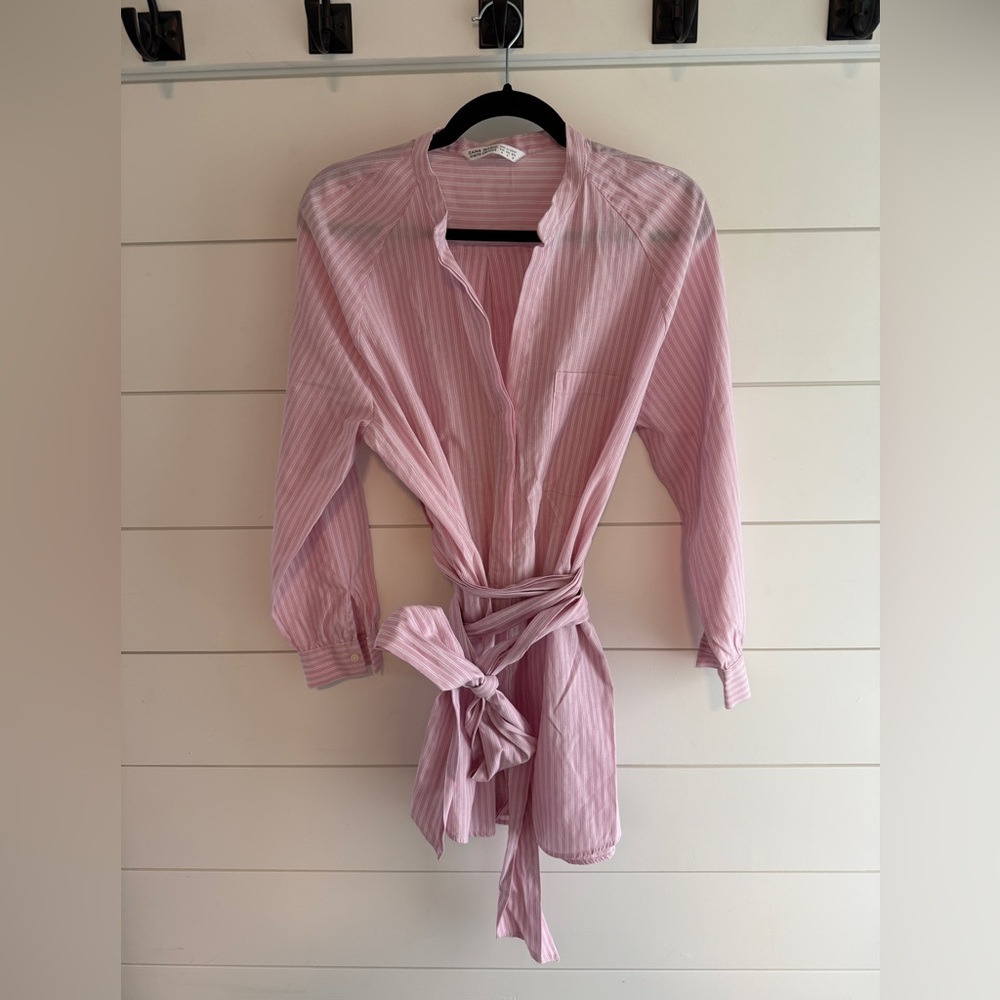 Zara Pink and White Mini Shirt Dress with Belt, Size Medium
